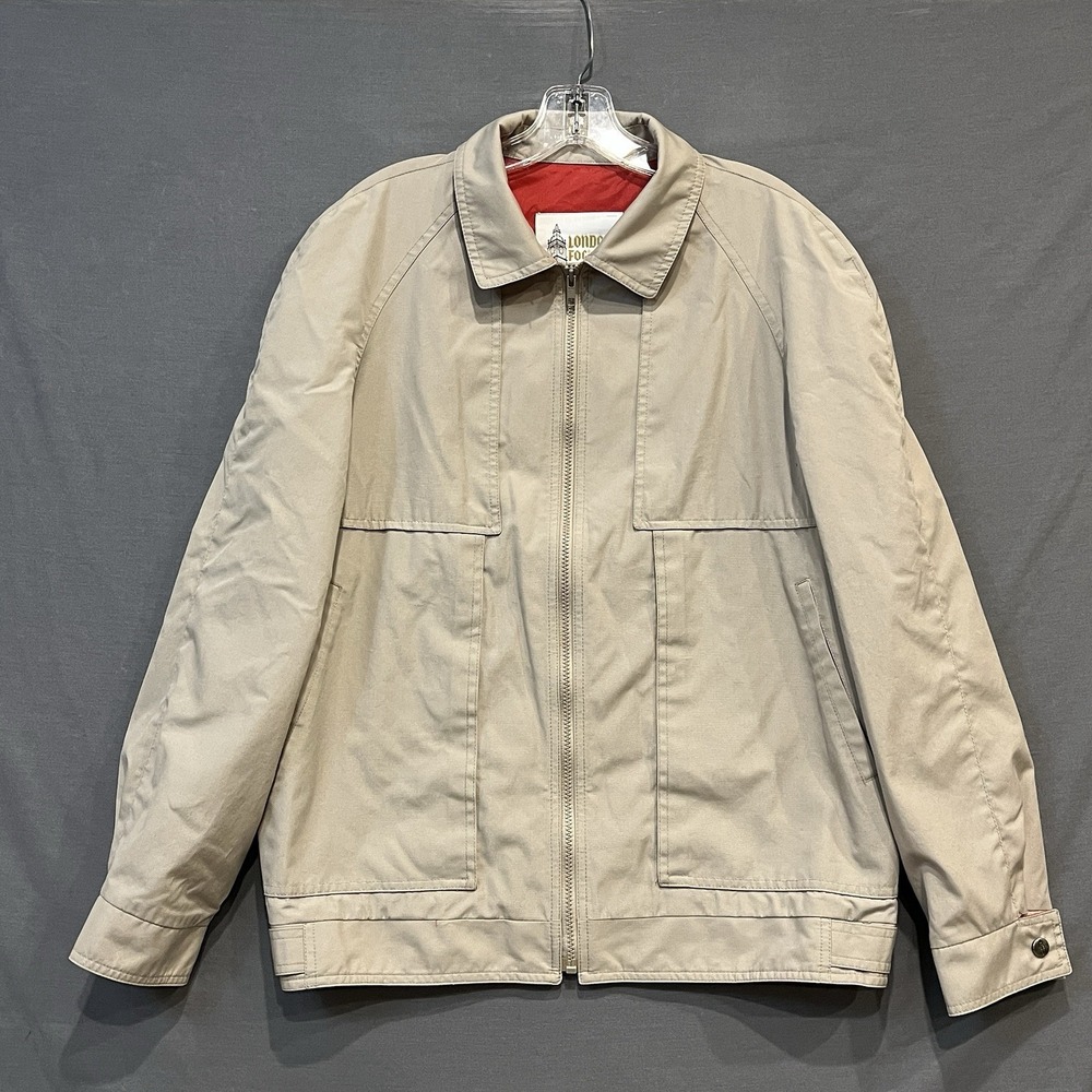 London Fog Jacket Men's 42 Reg Beige Zip Up Windbreaker Harrington Red Lining
